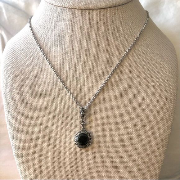 JUDITH JACK Black Onyx Marcasite Round Pendant and Sterling  JUDITH JACK Onyx Marcasite Round Pendant and Sterling Silver 925 Necklace